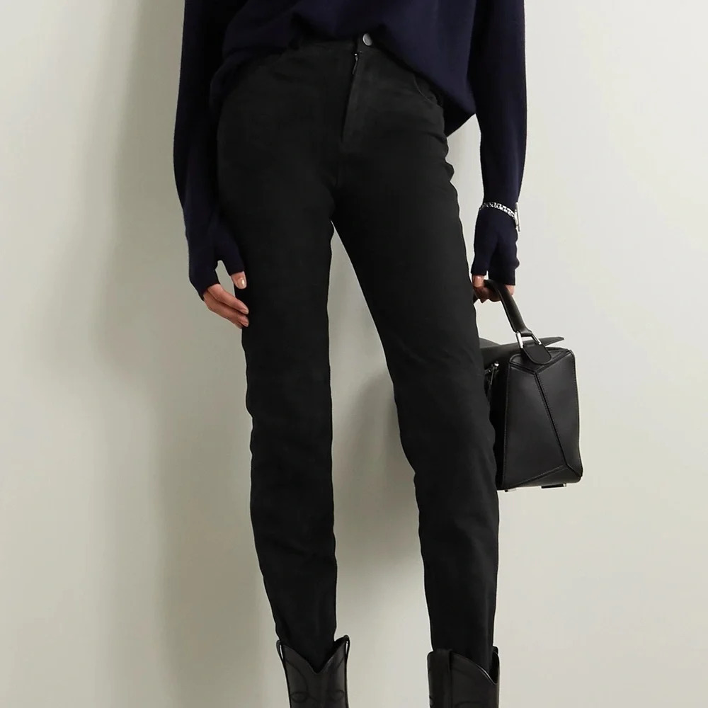NEW Deadwood Pheonix Recycled Leather Black Suede High Waist Straight Leg Pants